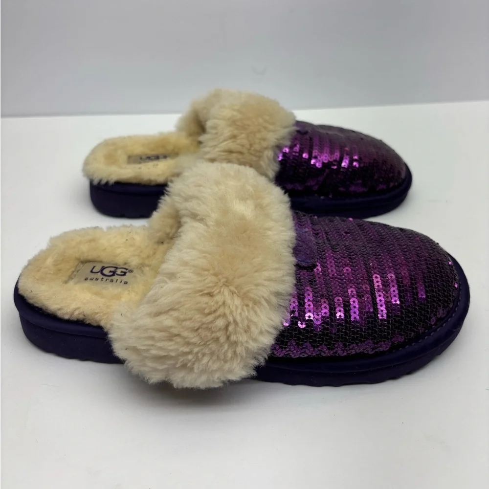 Ugg Sparkling Purple Sequin Faux-Fur Slippers, size 4 big girl, box 29